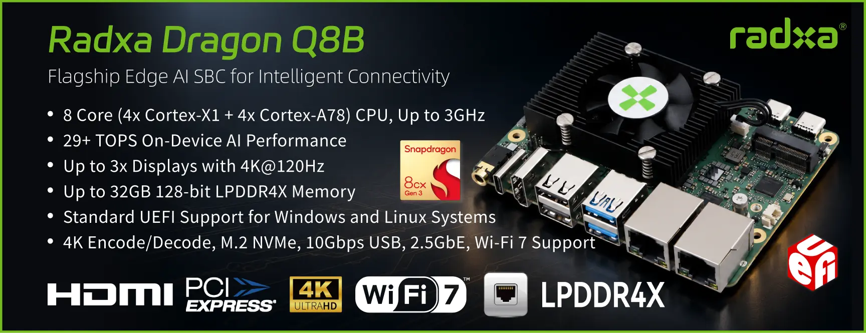 Radxa Dragon Q8B Edge AI SBC with Snapdragon 8cx Gen3 SoC