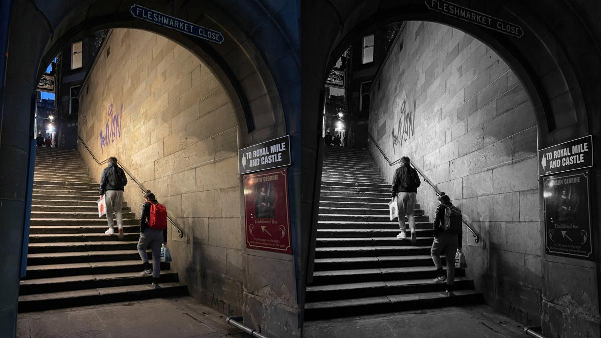 a photo of two people climbing stairs, one version in color, the other in black and white.