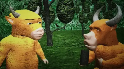 Chinese media A screengrab from the movie shows a yellow cow standing against poorly illustrated trees and talking to a brown bull that is holding what appears to be a black block