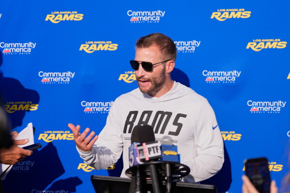 Los Angeles Rams head coach Sean McVay speaks to reporters during the NFL football team's training camp, Thursday, Aug. 6, 2026, in Los Angeles. (AP Photo/Mark J. Terrill)