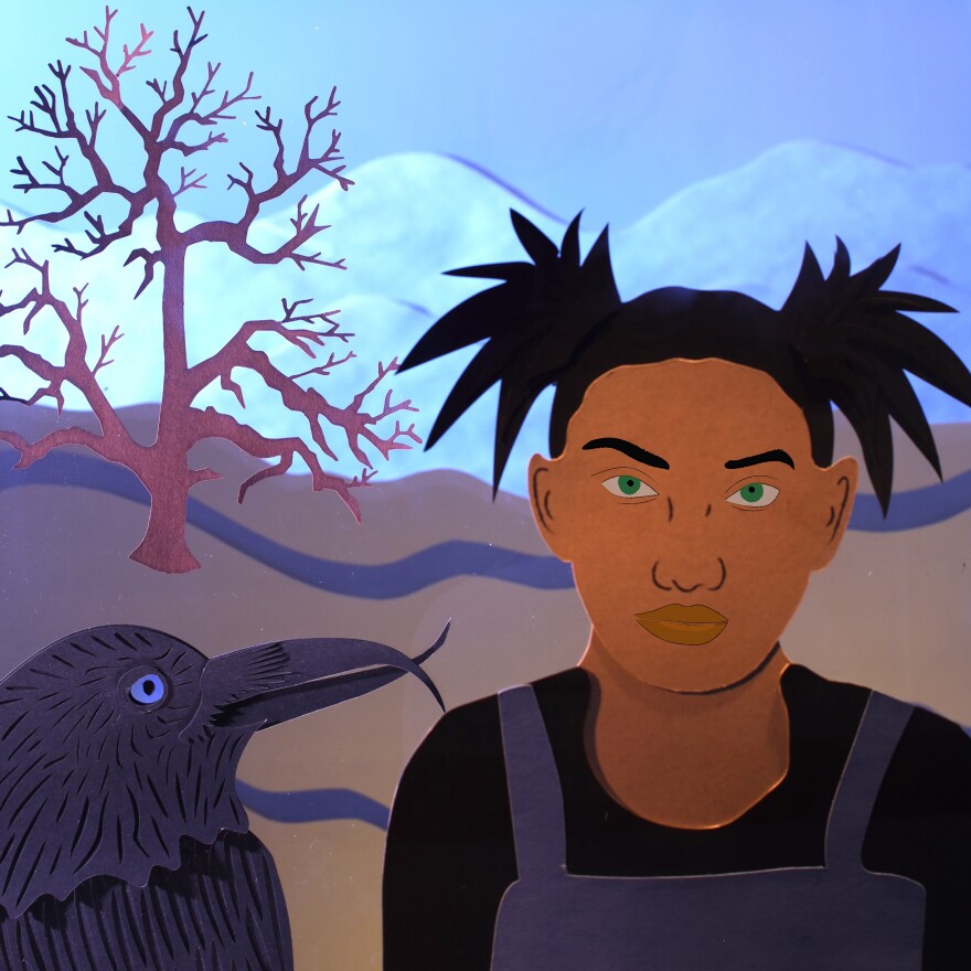 Two characters in Roy Taylor's animated film "Crow Maiden," 13-year-old Anna (right) and a crow (left)