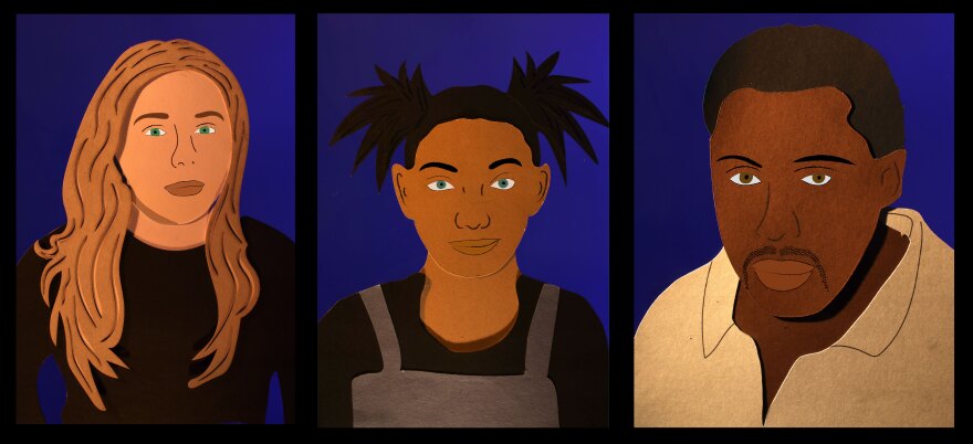 A woman (left), child (middle) and man (right) who make up the family in Roy Taylor's animated film "Crow Maiden"