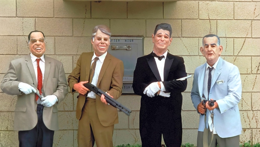 The bank-robbing surfers in Point Break wearing rubber masks of former U.S. presidents Reagan, Nixon, Johnson and Carter