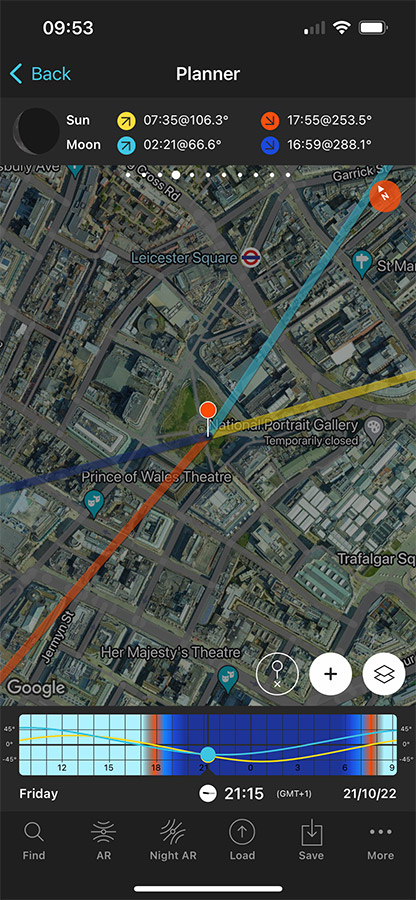 PhotoPills smartphone photography app showing a satellite map and various colourful markings indicating the Moon, Sun and their respective position throughout the day