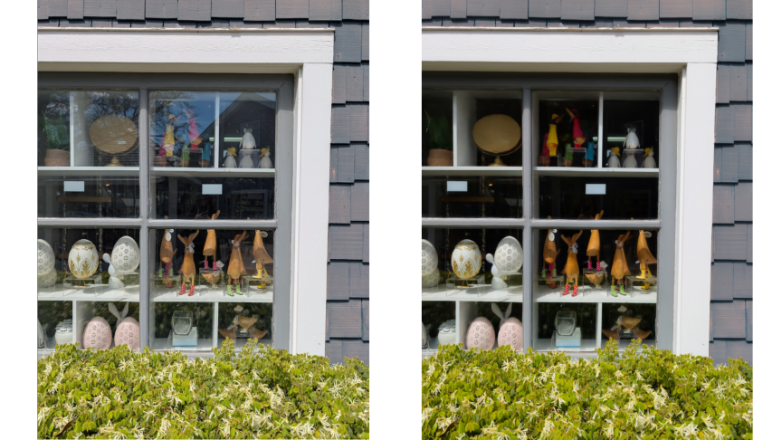 Two pictures of a display window, the original (left) has reflections and the AI-edited (right) has the reflections removed