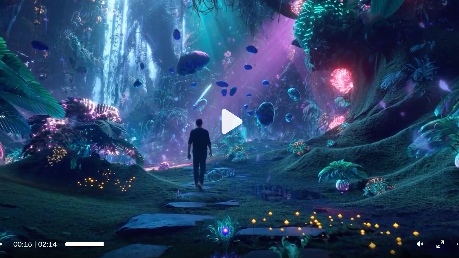 A person silhouetted against a vibrant, surreal landscape filled with bioluminescent plants and floating orbs of light, creating a dreamy atmosphere with colorful glows and cascading waterfalls in the background.