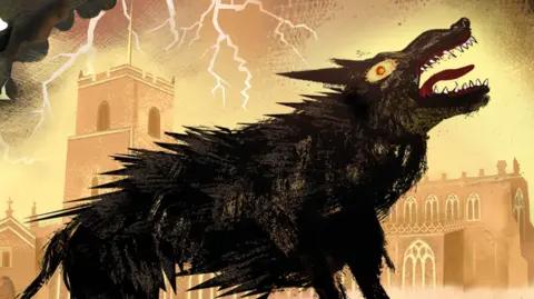Royal Mail An illustration of the Black Shuck dog that has been included on the new Royal Mail stamps. A large black dog can be seen howling with a church behind it during a storm.