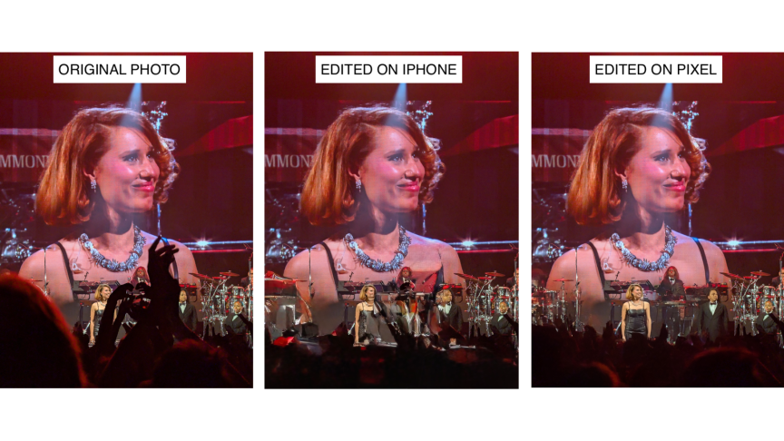 Three photos of Raye side by side, the original (left), edited on iPhone (center) and edited on Pixel (right).