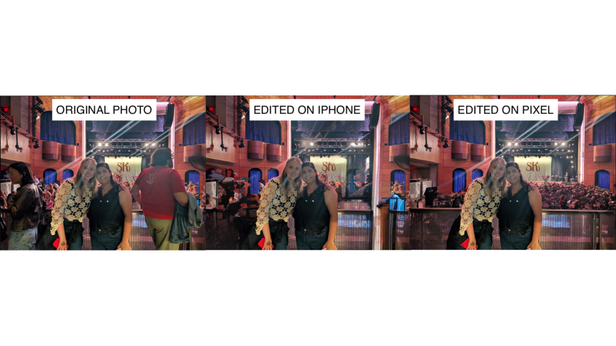 Three photos, original photo (left), edited on iPhone (center) and edited on (Pixel)