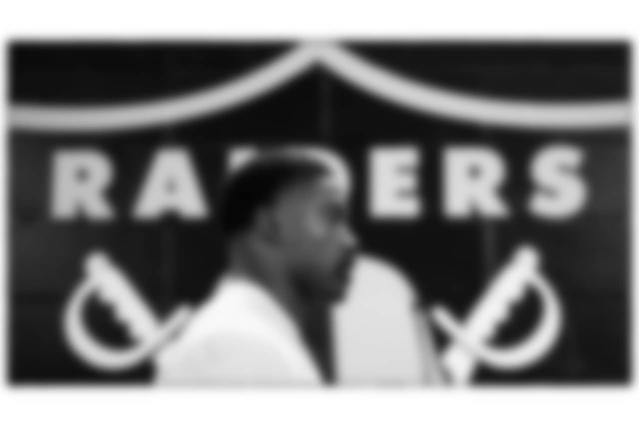 Las Vegas Raiders safety Jeremy Chinn (11) arrives to the preseason home game against the San Francisco 49ers at Allegiant Stadium.