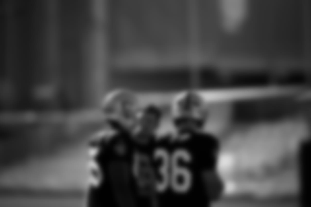 Las Vegas Raiders cornerback Hezekiah Masses (35) and tight end Zach Kuntz (36) on the field for practice at 2026 Training Camp at Intermountain Health Performance Center.