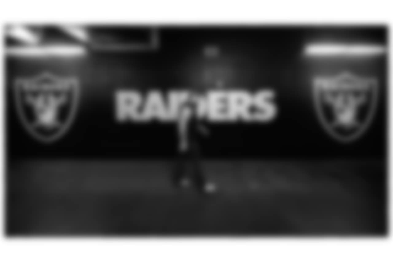 Las Vegas Raiders guard/center Jackson Powers-Johnson (58) arrives to the preseason home game against the San Francisco 49ers at Allegiant Stadium.