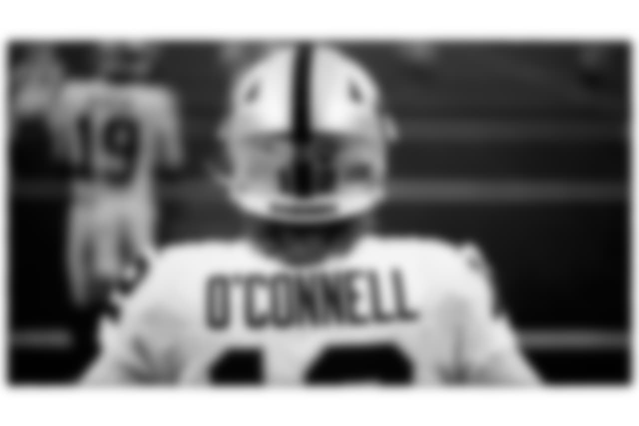Las Vegas Raiders quarterback Aidan O'Connell (12) before the Raiders' preseason away game against the Houston Texans at Reliant Stadium.