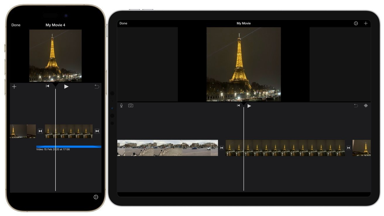 iPhone and iPad screens showing video editing app with a night clip of the illuminated Eiffel Tower, timeline tracks below, and dark interface surrounding the preview
