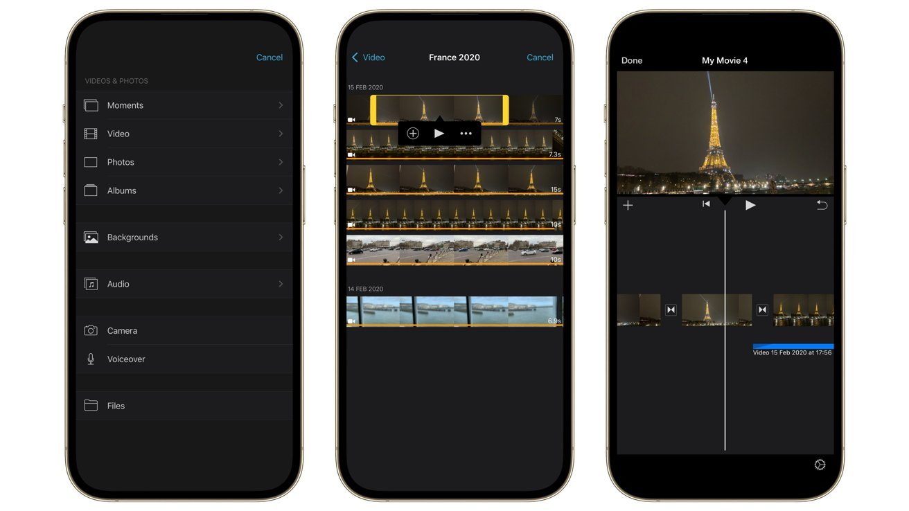 Three smartphone screens showing a video editing app: media selection list, timeline with video clips, and final edit featuring a night view of the Eiffel Tower with golden lights
