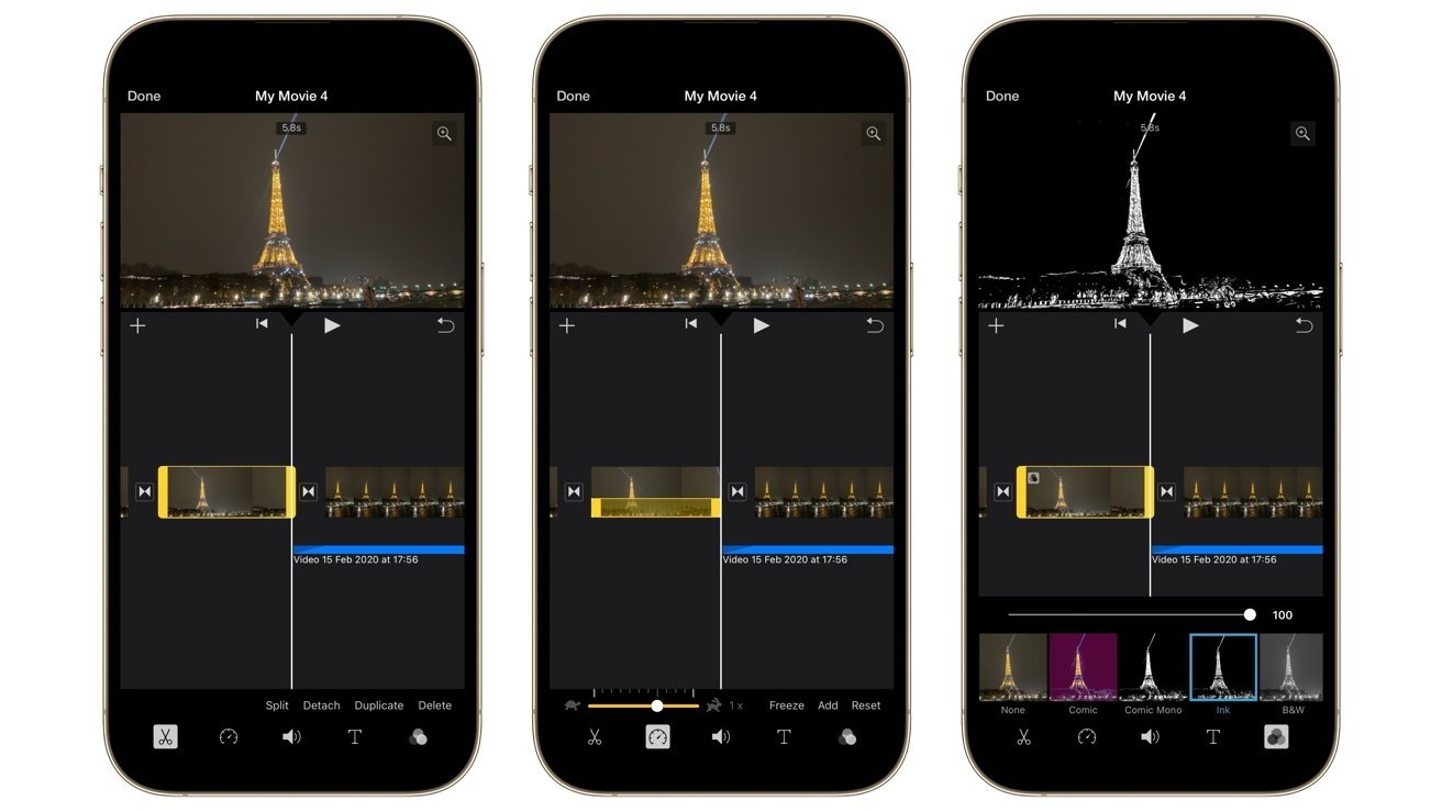Three smartphones display a video editing app, each showing the Eiffel Tower at night with different visual filters and editing timelines beneath the preview.