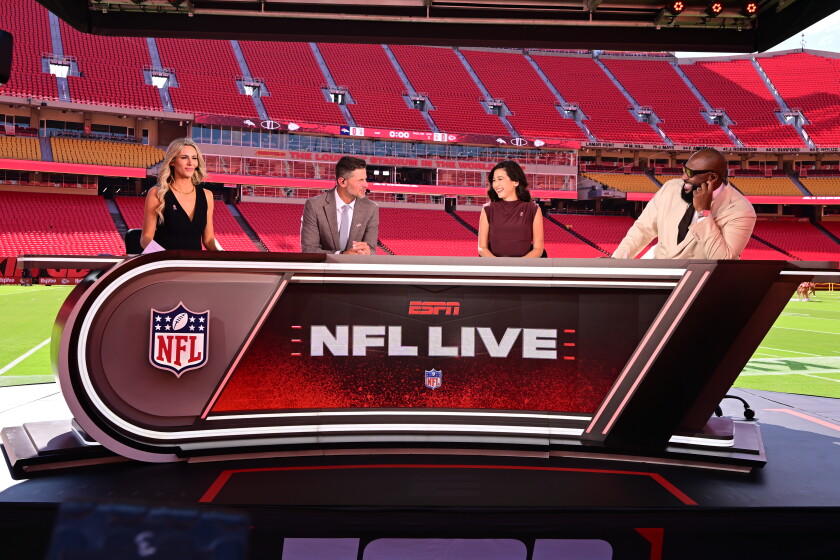 Laura Rutledge (from left), Dan Orlovsky, Mina Kimes and Marcus Spears appear on the set of "NFL Live" before the Broncos-Chiefs game Monday.