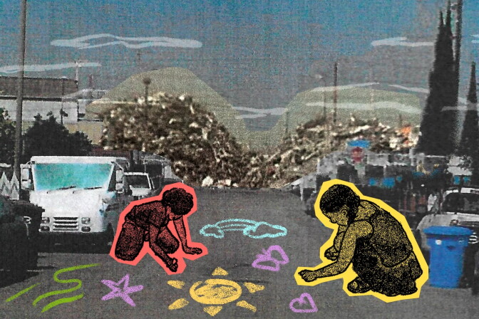 An illustration made of a screet view with a pile of trash in the background with gas coming out of it as two children play in the the middle of the street.