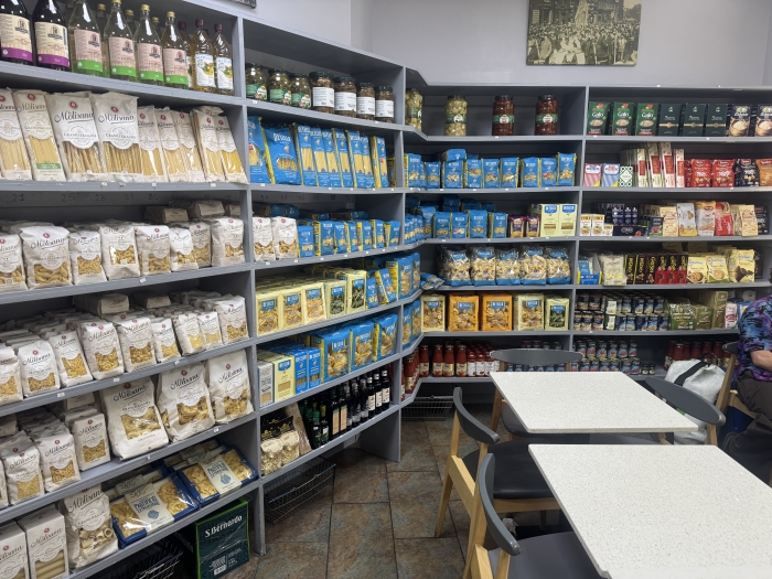 Market shelves full of pasta