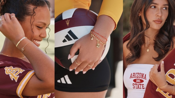 Collage of photos of women wearing ASU-themed jewelry.
