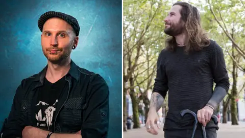 Four Horses Films / Tiffany Tomkinson Two images side by side. One shows a man with piercings and wearing a flat cap looking at the camera and smiling. The other shows a man with long hair carrying two walking sticks and looking off to the side.