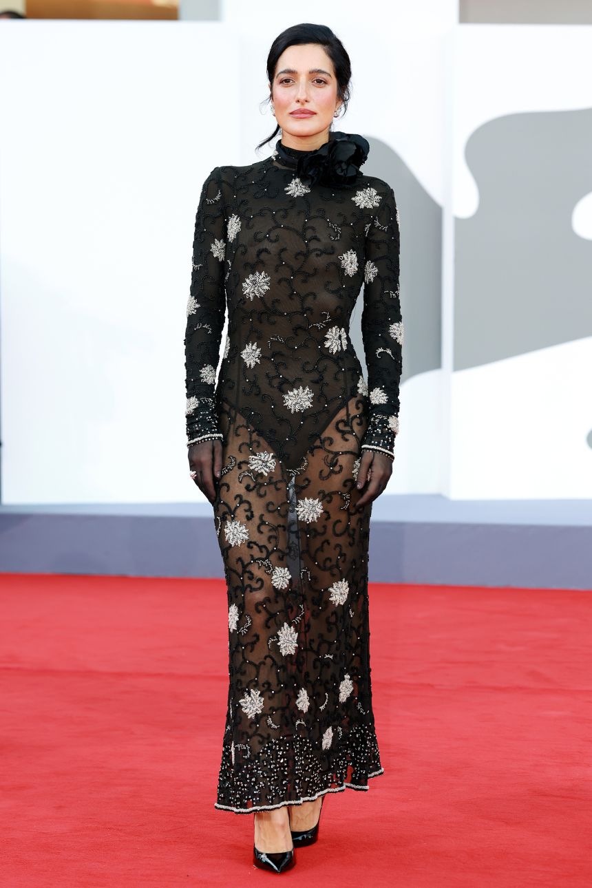 Italian pop star Levante was spotted at the "Ink" screening in a Giorgio Armani embellished sheer skirt.