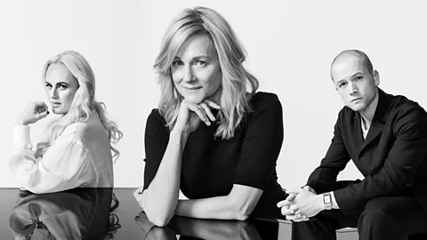 BBC/ Thea Traff/ Javier Hirschfeld A composite image of black and white portraits of Rebel Wilson, Laura Linney and Taron Egerton