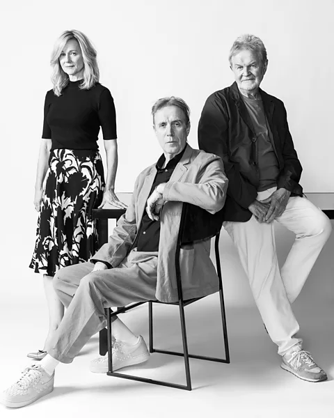 BBC/ Thea Traff Onwards and Sideways stars Laura Linney (left) and Rhys Ifans (right) with director John Madden (Credit: BBC/ Thea Traff)