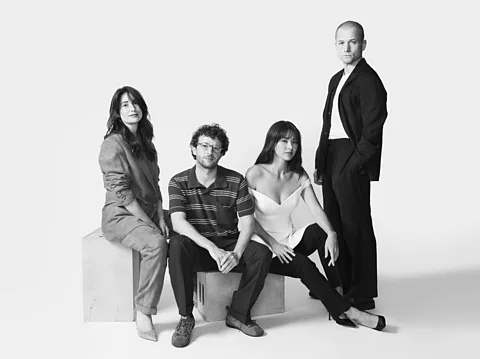 BBC/ Thea Traff Stars Charly Clive (left), Jessica Henwick (second from right) and Taron Egerton (right), with director Jonathan Schey (Credit: BBC/ Thea Traff)