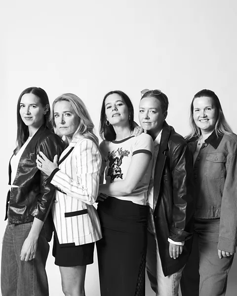 BBC/ Thea Traff The cast and crew of What Lies Between Us, including stars Sidse Babett Knudsen (second from left) and Asta Kamma August (middle) (Credit: BBC/ Thea Traff)